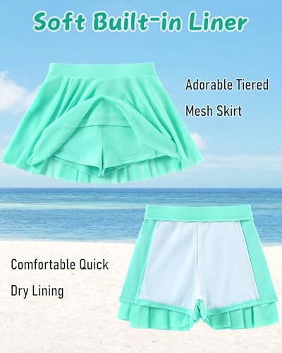 Image of Girls Rash Guard Swimsuit Long Sleeve Bathing Suits with Swim Skirt Shorts Two Piece Sun Protection Swimwear for 3-12 Years