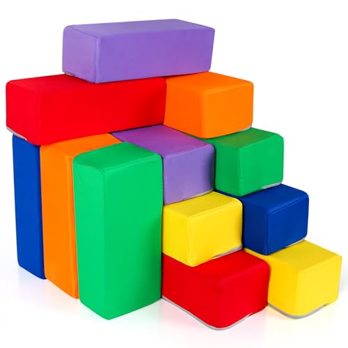 Image of UHAPPYEE Toddler Foam Buliding Blocks - 12 Piece Fabric Covered 9x4x3inch Stacking Block Sets - Colourful Soft Play Set for Kids Idea for Building and Throwing Fun