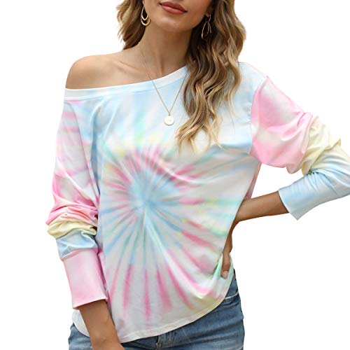 Viracy Womens Tie Dye Shirts Long Sleeve Crewneck Sweatshirts Casual Loose Pullover Tops (S-2XL) (Pink-Yellow, Large)