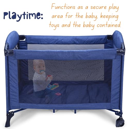 Image of Infanto Portable Baby Playpen Cum Cot with Travel Bag | Easy Fold Compact Design | 2 in 1 Functionality Crib | Double Layer Pad | Breathable Mesh Baby Bedside Crib with Playpen for Babies | Blue