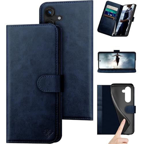 Compatible with Samsung Galaxy S25 Plus Genuine Leather Wallet caseRFID Blocking4 Credit Card HolderReal Leather Flip Folio Book Phone case Cover Women Men for S25 Plus case Dark Blue