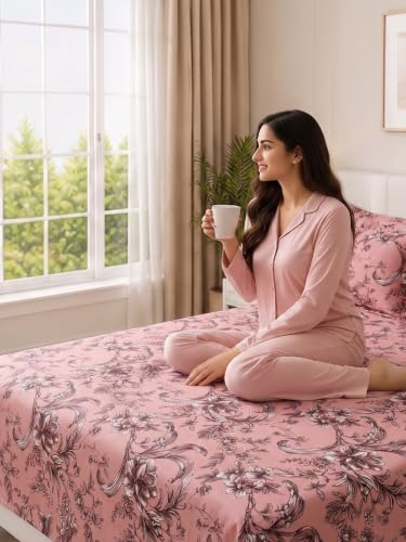 Image of Mafatlal 130 GSM Pearl Single Bed Sheet with 1 Matching Pillow Cover | 60 x 90 Inch | Silky Soft Touch Finish | Wrinkle Resistant, Durable, Machine Washable, Everyday Comfort | Dusty Rose