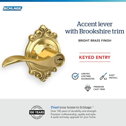 Image of SCHLAGE Accent Lever with Brookshire Trim Keyed Entry Lock in Bright Brass