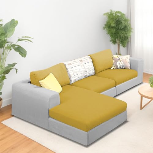 Image of Koza LHS 4 Seater L Shape Sofa Set for Living Room (Yellow Grey Fabric) Premium Fabric Sofa