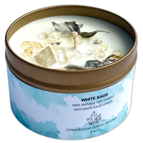 White Sage Smudge Candle With Citrine & Quartz Gemstone Crystals 100% Natural Soy Essential Oils (Sage) #TOP8
