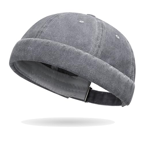 Image of Sailor Brimless Skull Hat, Washed Cotton Docker Hat for Men Vintage | Classic Vintage Style,Solid Color, Casual, Harbour Hat, Vintage Brimless Sailor Hat, Rolled Cuff Retro Beanie Hat, Adjustable