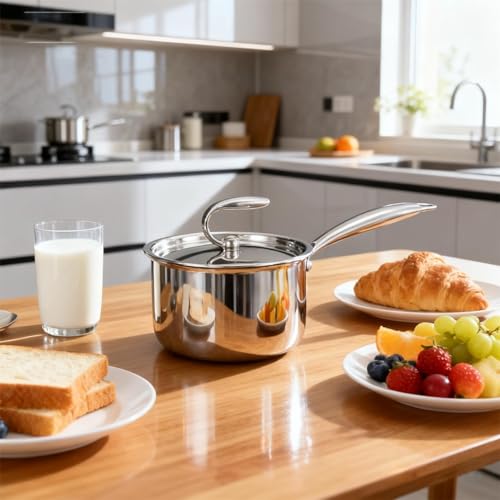 Qeayqli 3QT Tri-Ply Stainless Steel Saucepan with Lid, Induction & Gas Compatible Cooking Pot, Mirror Finish Small Soup Pan for Milk, Sauce & Everyday Cooking, Dishwasher Safe