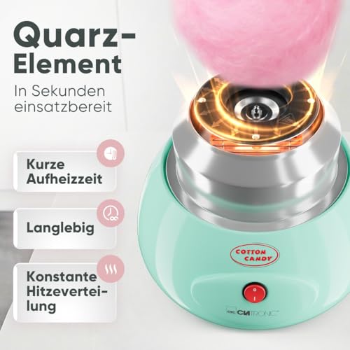 Clatronic® Zuckerwattemaschine | für Zuckerwatte in wenigen Minuten | inkl. Messlöffel und 10 Holzstäbchen | Spritzschutz | Zuckerwatte Maschine 500W | Cotton Candy Machine | ZWM 3478 mint