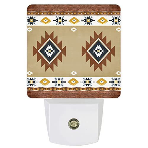 Image of Night Light Plug in LED Night Lamp Automatic Sensor Kids Night Lights Plug into Wall, Southwest Geometric Bohemian Tribal Style Khaki Square Dim Night-Lights for Bedroom Bath Kitchen Hallway Decor