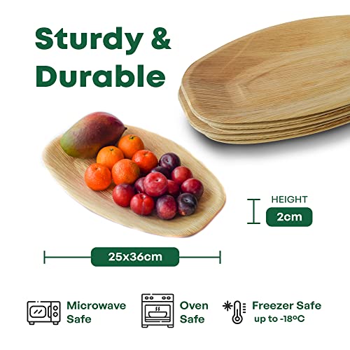 DISPOSABLE GREEN Platos desechables ovalados, bandeja para servir Areca, plato de servir para fiestas, bodas, catering y más, 25 cmx36 cmx2 cm, 10 piezas