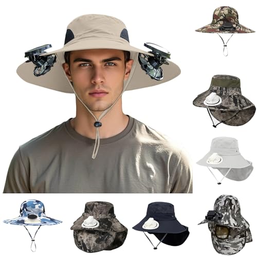 Sonnenhut Herren mit Integriertem Ventilator Atmungsaktiver Leichter Sommerhut Bequem Breite Fischerhut UV Schutzfaktor 50+ Kappe Outdoor Visor Safari Hut Angelnhut Wanderhut Radfahrenhut Buschhüte