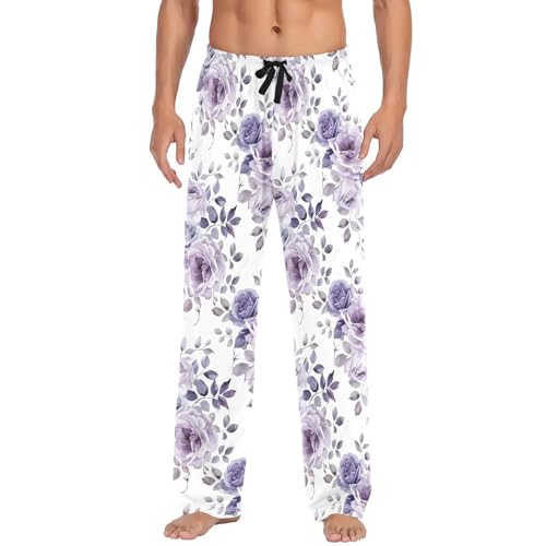 Purple Camellia Men's Pajamas Pants Cotton Sleep Bottoms Pants Lounge Sleepwear - S2