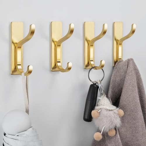 Self Adhesive Wall Hooks for Hanging: Stick-On Hooks Hold 13 LB, Coat Hook,Towel Hooks For Bathrooms,Shower Hooks for Wall,Door Hooks Hanging Towel, Kitchen Hook,Metal hooks for hanging,Gold 4 Pack