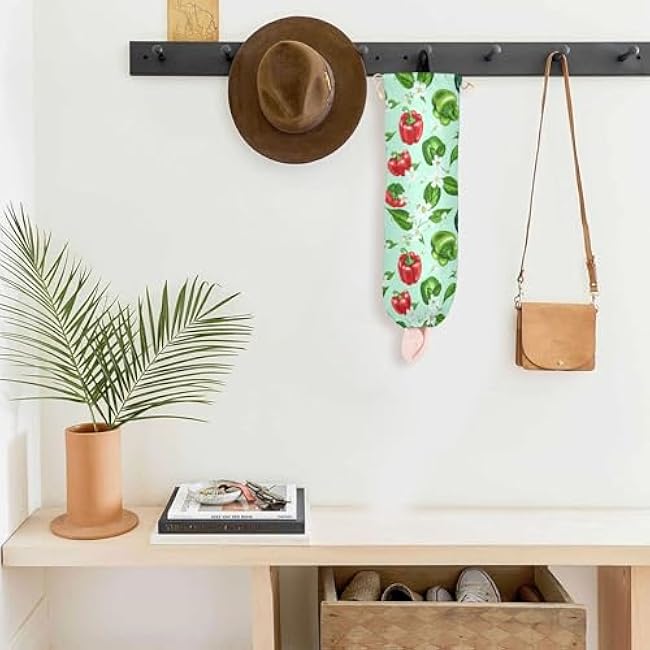 xigua Colorful Bell Peppers Plastic Bag Holder Wall Mount with Drawstring 1 Pack, Reusable Grocery Bag Organizer Decor for Bags, Socks, Underwear, And Neckties