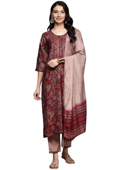 Varanga Women's Printed Red Floral Embroidered Round Neck Kurta Paired With Bottom And Dupatta