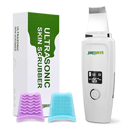 Ultrasonic Skin Scrubber Face Skin Spatula, Mintgreen Blackhead Remover Facial Spatula with 4 Mode LCD Screen, Pore Cleaner Skin Scraper with 2 Silicone Covers
