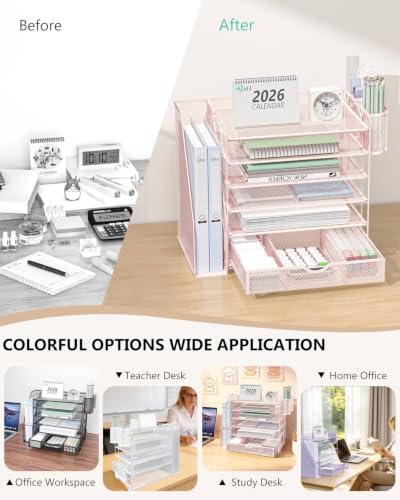 Image of WALI Desk File Organizer, 6 Tier Desktop Paper Letter Tray Organizer with Drawer and 2 Pen Holders, Office Desk Accessories & Workspace Organizers for Office, Home Supplies(DO007DH-P), 1 Pack, Pink