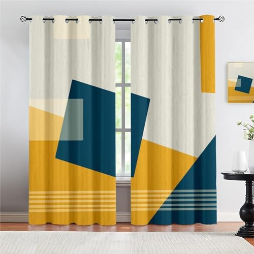 FELIAOQ Mid-Century Geometry Blackout Curtains, Abstract Yellow Blue Patchwork Art Blackout Window Treatments, Privacy Thermal Insulated Drapes for