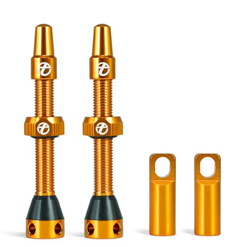 Thinvik válvula Presta tubeless 48mm - Kit ultraligero de válvulas tubeless para neumáticos - 2 piezas con tapón de aluminio y herramienta extraenúcleos (Naranja)