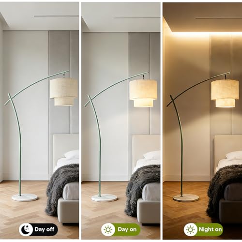 Image of Lightdot Arc Floor Lamp for Living Room, Modern Standing Tall Lamps with Double Linen Lampshade, Tall Hanging Pole Lamp with Bulb Included for Bedroom Sofa Beside /Corner Decor - Grayish Green