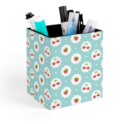 Quteprint Portalápices cuadrado, soporte para bolígrafos de cerezas y fresas para escritorio, organizador de bolígrafos de oficina, accesorios de escritorio, taza para lápices, almacenamiento de