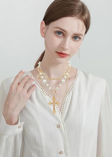 Gold Pearl Cross Necklaces for Women GothicPearl Cross Pendant Necklace Vintage AdjustableChunky Cross Necklace Layered Tassels Choker Necklace Halloween Prom Jewelry Gift4