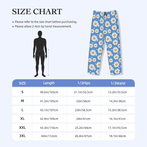 Mens Pajama Pants - Bright Daisy White Print Soft Sleep Lounge Pants For Men, Casual Pj Bottoms With Pockets3