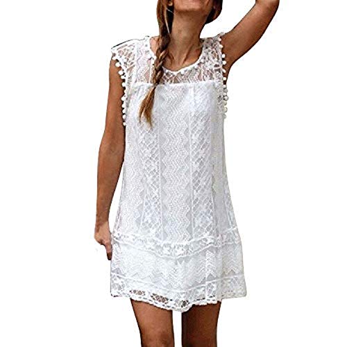 Jaysis Blanc Dentelle Robe Débardeur Réservoir sans Manche Tank Dress Robe Droite Courte Sexy Robe De Cérémonie Soirée Robe Tunique Mode Lâche Décontracté Robe De Plage Courte Pas Cher Mini Dress Cover