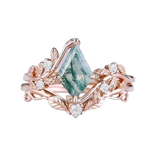 DONGHU 1ct Kite Shape Natural Moss Agate Engagement Ring Set Size 4 Sterling Silver Rose Gold Plated Leaf Green Moss Agate Rings Set Unique Bridal Wedding Ring Set for Women