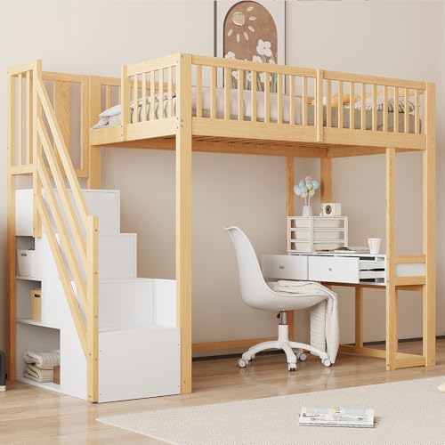 Merax Lit Mezzanine 90 x 200 cm avec Bureau, Multifonctionnel Lit Mezzanine 1 Place avec Escaliers...