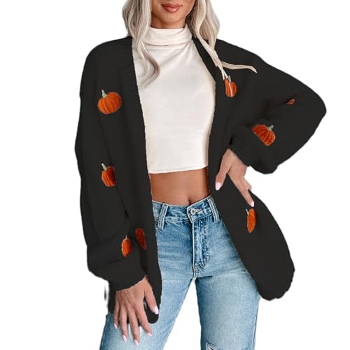 Women's Halloween Pumpkin Embroidery Open Front Cardigan Sweaters V Neck Casual Button Down Knit Coats