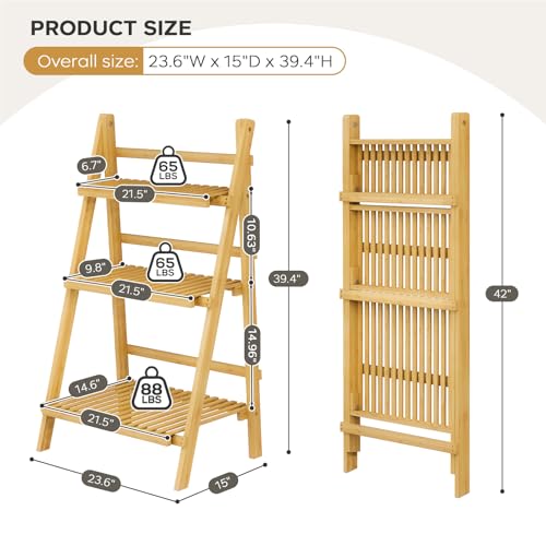 Image of Foldable Ladder Shelf 39.4 inch, Plant Shelf 3 Tier, Bamboo Ladder Flower Pot Display Shelf, Freestanding Ladder Bookshelf for Living Room, Balcony, Yard, Garden, 23.6 inchW x 15 inchD x 39.4 inchH, Natural