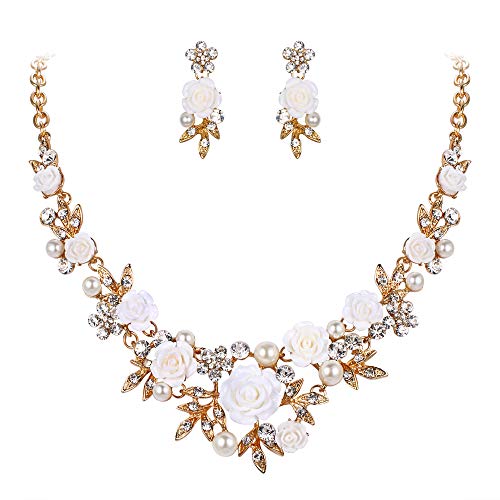 EVER FAITH Women's Crystal Simulated Pearl Rose Flower Leaf Necklace Pierced Earrings Set Clear Gold-Plated-Base EVER FAITH Women's Crystal Simulated Pearl Rose Flower Leaf Necklace Pierced Earrings Set Clear Gold-Plated-Base