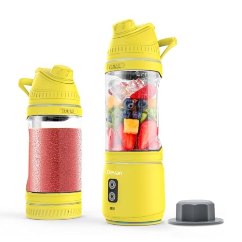 Portable Blender, Anti-Jamming 300 Watt for Shakes and Smoothies, 24oz Travel Blender USB Rechargeable, BPA Free Sporty bottle with a Travel Lid. (Black Base Grey Lid) (Yellow Base Yellow Lid)