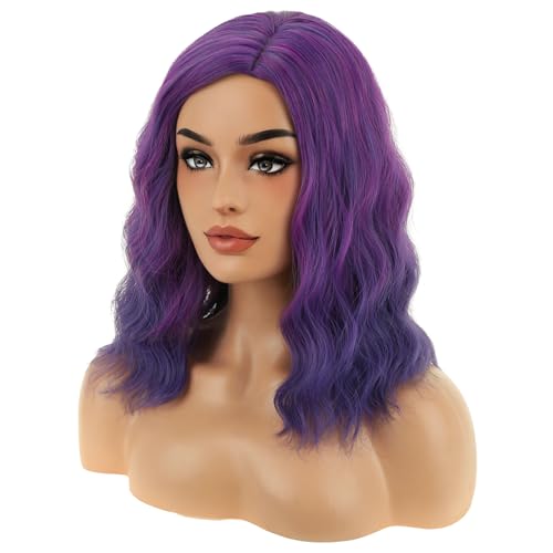 Image of BERON Purple Wigs Women Short Curly Wavy Shoulder Length Hair Wig Girls 14 inch Side Part Synthetic Halloween Costume Cosplay Party or Daily Use Wig