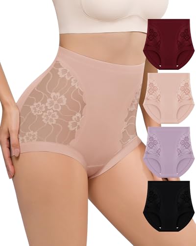 Image of Women's Underwear High Waisted Lace Panties Nylon Soft Full Coverage Breathable Ladies Briefs 4 Pack