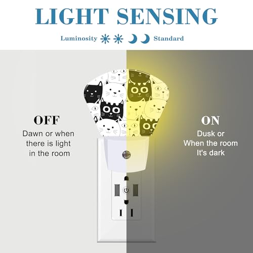 Image of Cute Black and White Cat Night Light for Kids, Doodle Cat LED Night Light Plug into Wall with Dusk to Dawn Sensor for Girls Boys Women Men Room, Hallway, Kitchen, Bathroom, Stairs Decor