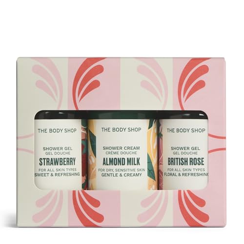 The Body Shop Shower Gel Trio Gift Set Almond Strawberry & British Rose Shower Gel 60ml Cleansing Body Wash Set Refreshing Softening Travel Size Vegan Skincare Gift