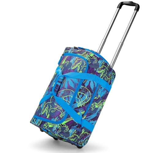 Choco Mocha Boys Dinosaur Suitcase with Wheels Kids Blue Rolling Duffle Bag for Camping Teen Boys Toddler Luggage Bag for Travel, 22inch