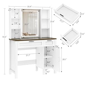Usikey farmhouse makeup vanity desk with mirror and lights glass tabletop makeup vanity with adjustable shelves vanity table set with 2 drawers and side cabinet for bedroom white  urban country home decor