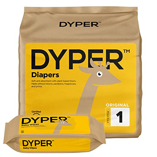 Image of DYPER Viscose from Bamboo Baby Diapers Size 1 + 1 Pack Wet Wipes | Honest Ingredients | Made with Plant-Based* Materials | Hypoallergenic for Sensitive Newborn Skin, Unscented