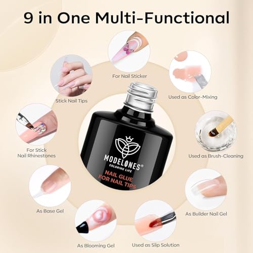 Image of modelones 9 in One X Gel Nail Glue Prep Dehydrator for Nail Tips, Acrylic & False Press On Nails, Blooming Gel Adhesive Bond Base Coat Long Lasting Need U V DIY Home Salon Manicure Gift For Women