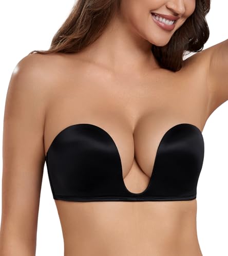 HACI Women's Plunge Deep U Strapless Bra Push Up Demi Seamless Underwire(Black,32B) - Image 4