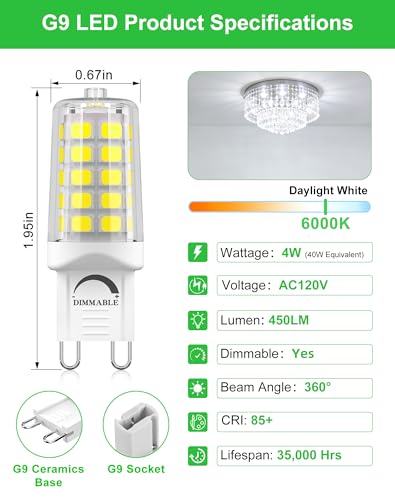 Image of G9 LED Bulb Dimmable 4W 6000K Cool White 5 Pack | T4 G9 Bi-pin Base Halogen Replacement No Flicker 450LM Ideal for Garage, Basement, Hallway, High-Brightness Areas
