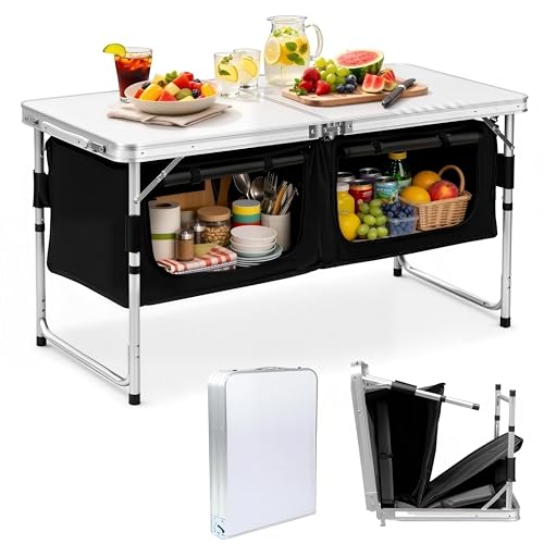 Daromigo Mobile Campingküche faltbar 120x47cm 3-stufig höhenverstellbar Ultraleichter Campingschrank (6 3kg) mit Rollabdeckung & 2 Fächern Stabile Faltküche für Wohnmobil & Zelt