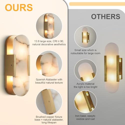 Image of 13.8 inch Alabaster Wall Sconces Set of Two, Natural Marble Wall Lighting, Brass Bedside Wall Lamp, Indoor Vanity Light Fixtures for Hallway,Bathroom Living Room (Including LED)