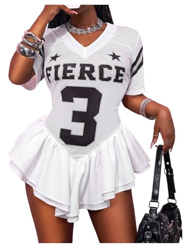 SweatyRocks Women's Y2K Jersey V Neck Numeric Graphic Cute Tees Shirts Dresses Asymmetrical Hem Ruffle Miniskirt White S