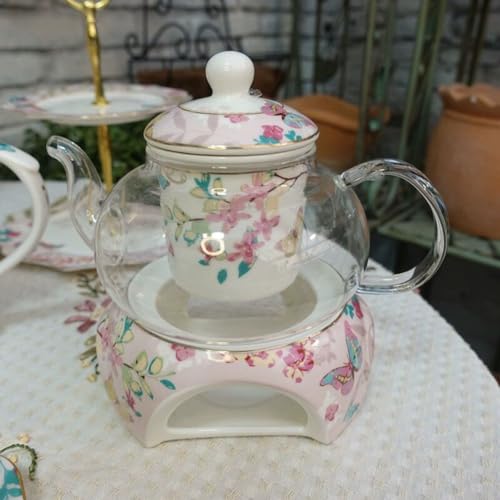 Tetera con calentador YBK Tech de cristal y porcelana fina rosa con mariposas 4