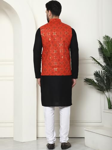 Image of SOJANYA (Since 1958 Men's Cotton Linen Maroon Kurta and White Pyjama with Mustard Cotton Nehru Jacket