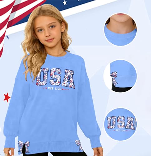 Image of Ithalt Kids USA Sweatshirt Boys Girls 4th of July Shirt American Patriotic Pullover with Embroidered Side Slits 5-14y